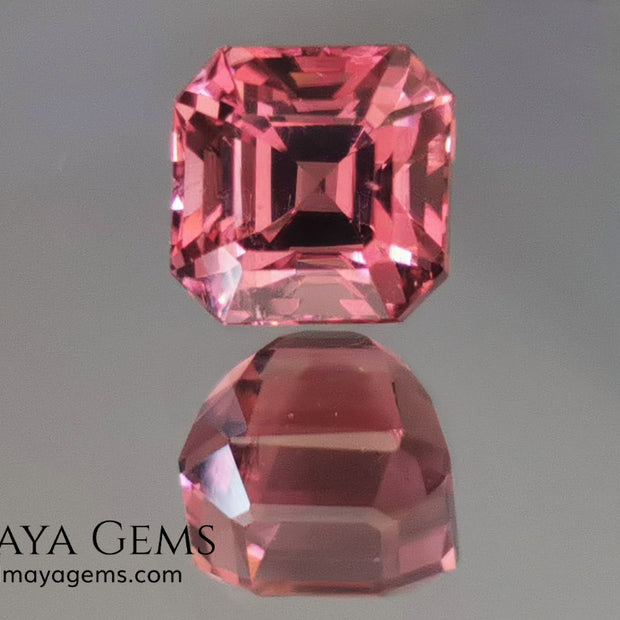 Reddish pink tourmaline. Asscher cut. 2.65 ct. This natural gemstone has a very saturated reddish-pink color, along with its beautiful cut and size, it will be look amazing in a ring. A great gem.
