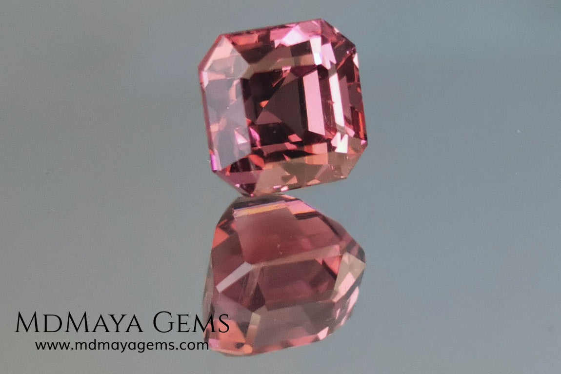 Reddish pink tourmaline. Asscher cut. 2.65 ct. This natural gemstone has a very saturated reddish-pink color, along with its beautiful cut and size, it will be look amazing in a ring. A great gem.