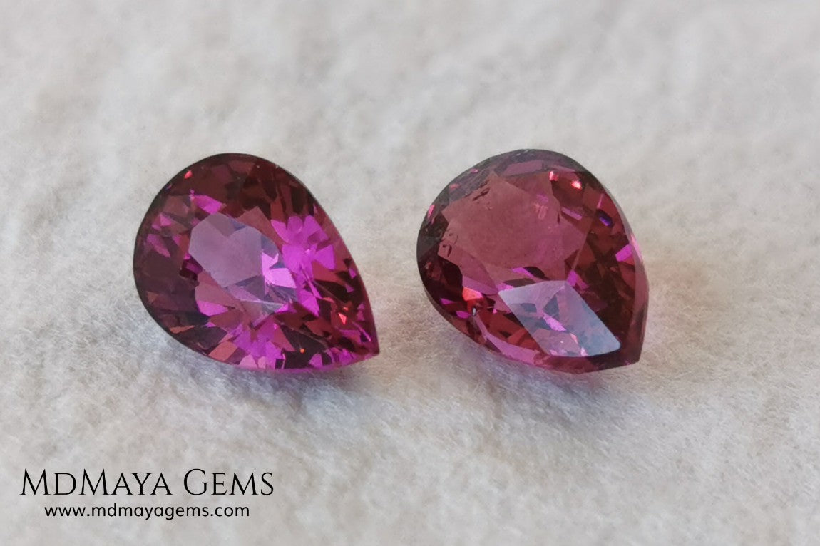  Vivid Purple Red Rhodolite Pair, 2.10 ct, pear cut. This natural and untreated gemstones have an excellent color, they will look perfect in any piece of jewelry. An affordable precious stones and amazing.