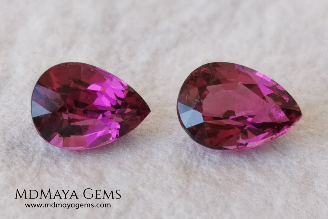  Vivid Purple Red Rhodolite Pair, 2.10 ct, pear cut. This natural and untreated gemstones have an excellent color, they will look perfect in any piece of jewelry. An affordable precious stones and amazing.