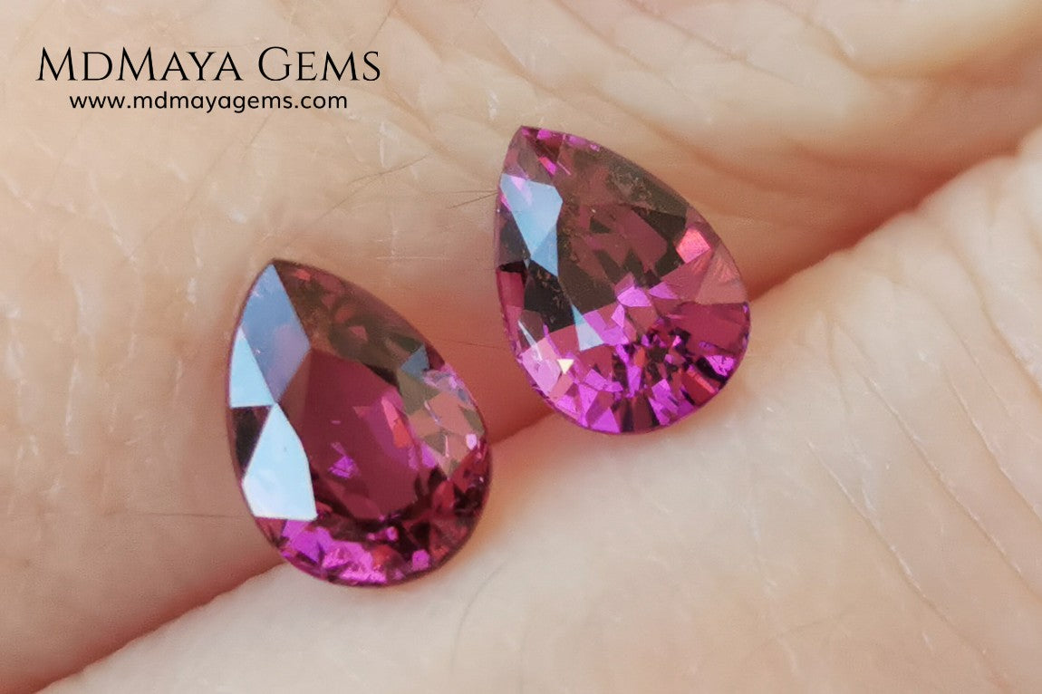  Vivid Purple Red Rhodolite Pair, 2.10 ct, pear cut. This natural and untreated gemstones have an excellent color, they will look perfect in any piece of jewelry. An affordable precious stones and amazing.