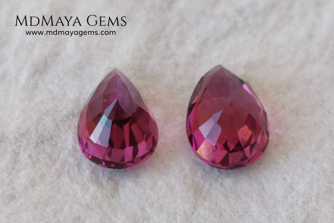  Vivid Purple Red Rhodolite Pair, 2.10 ct, pear cut. This natural and untreated gemstones have an excellent color, they will look perfect in any piece of jewelry. An affordable precious stones and amazing.