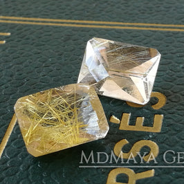 Matched Pair of rutilated quartz with beautiful golden inclusions 15.91 ct, checkerboard cut 