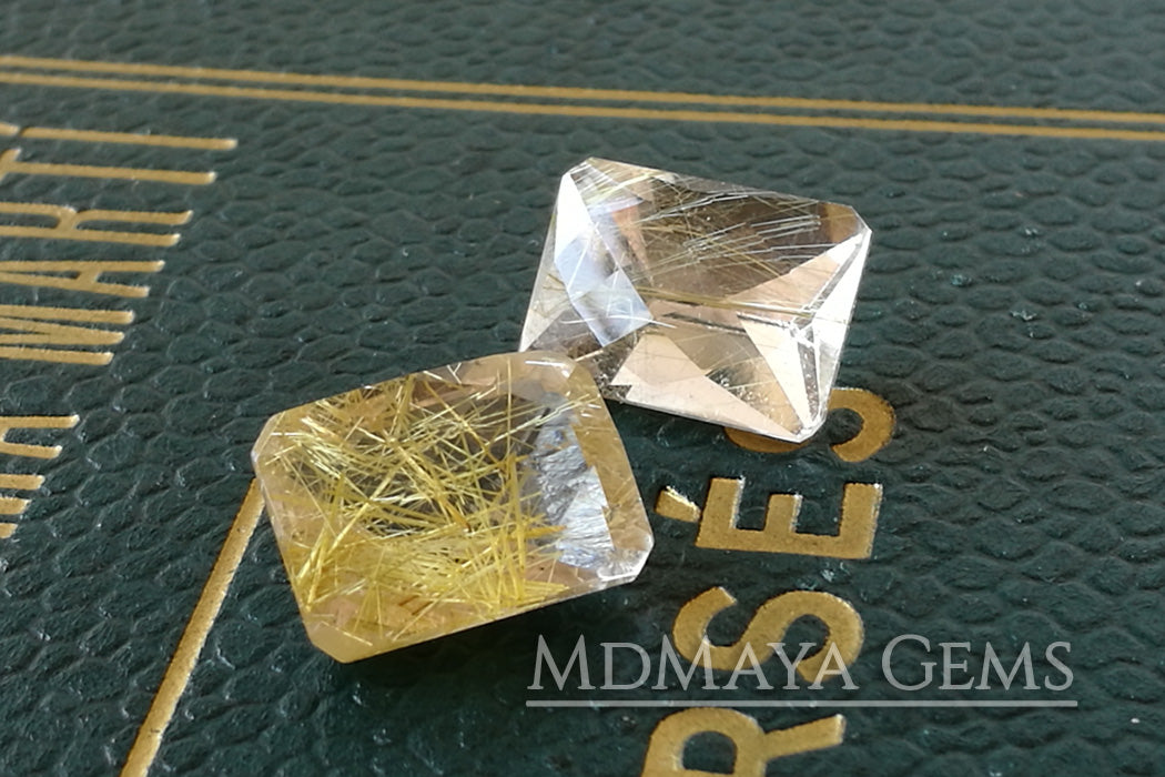 Matched Pair of rutilated quartz with beautiful golden inclusions 15.91 ct, checkerboard cut 