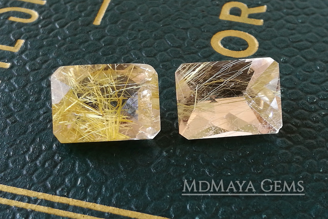 Matched Pair of rutilated quartz with beautiful golden inclusions 15.91 ct, checkerboard cut 