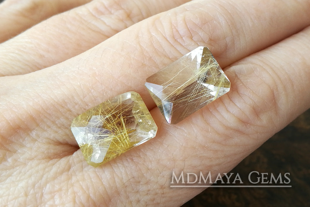 Matched Pair of rutilated quartz with beautiful golden inclusions 15.91 ct, checkerboard cut 