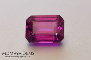 Vivid purple Umbalite (rhodolite garnet). Emerald cut. 2.15 ct.  Without a doubt this gemstone has the best of colors, it contains a very saturated purple color, under any light its behavior is amazing. This beauty comes from Tanzania and will be perfect in any piece of jewelry, it has good hardness, an acceptable size, the color is incredible and at a very affordable price. Without forgetting that it is a natural and untreated gem. Don't miss it.