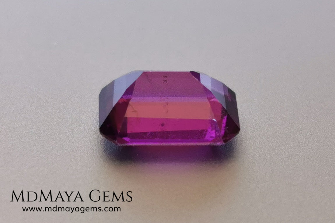 Vivid purple Umbalite (rhodolite garnet). Emerald cut. 2.15 ct.  Without a doubt this gemstone has the best of colors, it contains a very saturated purple color, under any light its behavior is amazing. This beauty comes from Tanzania and will be perfect in any piece of jewelry, it has good hardness, an acceptable size, the color is incredible and at a very affordable price. Without forgetting that it is a natural and untreated gem. Don't miss it.