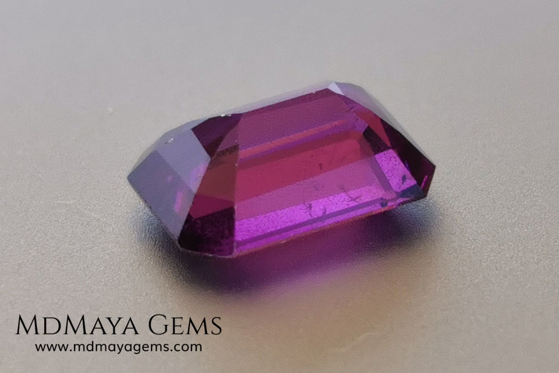 Vivid purple Umbalite (rhodolite garnet). Emerald cut. 2.15 ct.  Without a doubt this gemstone has the best of colors, it contains a very saturated purple color, under any light its behavior is amazing. This beauty comes from Tanzania and will be perfect in any piece of jewelry, it has good hardness, an acceptable size, the color is incredible and at a very affordable price. Without forgetting that it is a natural and untreated gem. Don't miss it.