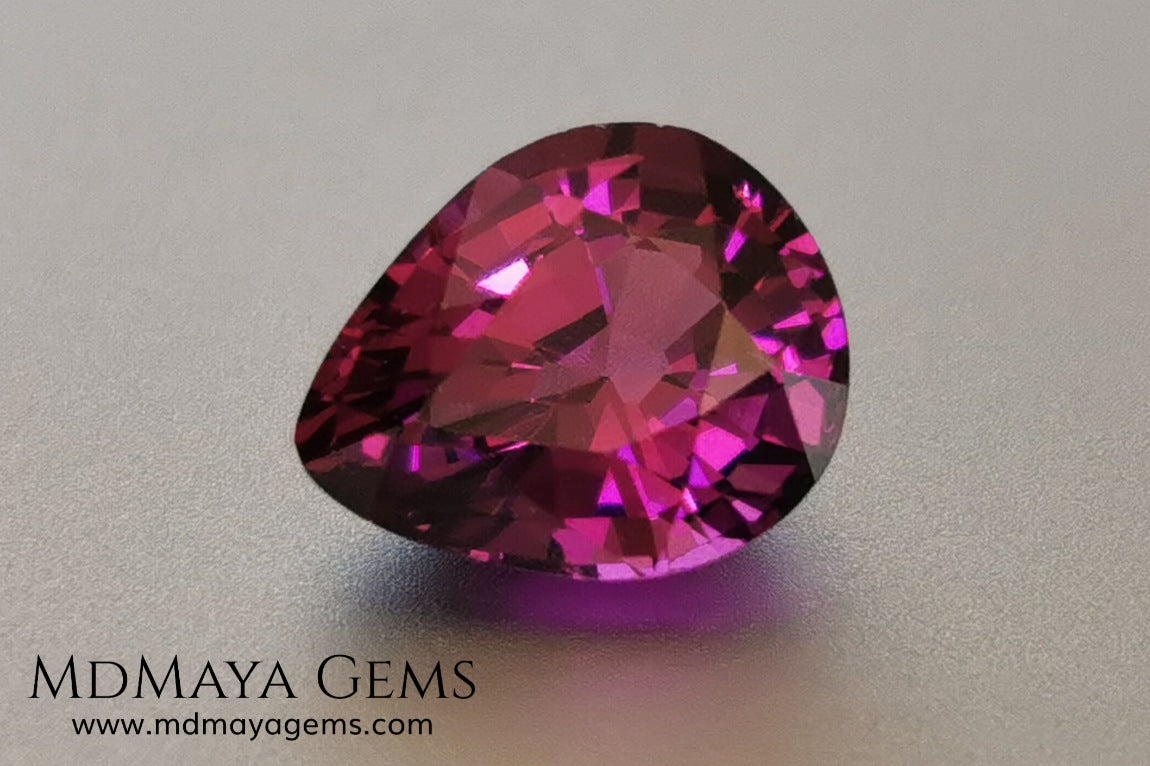 Umbalite 1.81 ct pear cut. This beautiful rhodolite garnet has the best color, a vivid and saturated purple full of bright and life, this gemstone will look really beautiful on a ring or any piece of jewelry that you design. A natural and untreated gem at the best price.