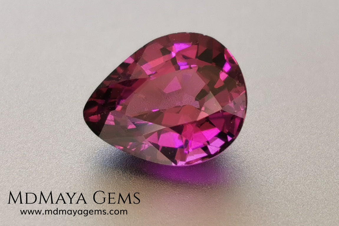 Umbalite 1.81 ct pear cut. This beautiful rhodolite garnet has the best color, a vivid and saturated purple full of bright and life, this gemstone will look really beautiful on a ring or any piece of jewelry that you design. A natural and untreated gem at the best price.