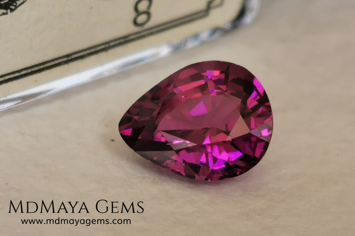 Umbalite 1.81 ct pear cut. This beautiful rhodolite garnet has the best color, a vivid and saturated purple full of bright and life, this gemstone will look really beautiful on a ring or any piece of jewelry that you design. A natural and untreated gem at the best price.