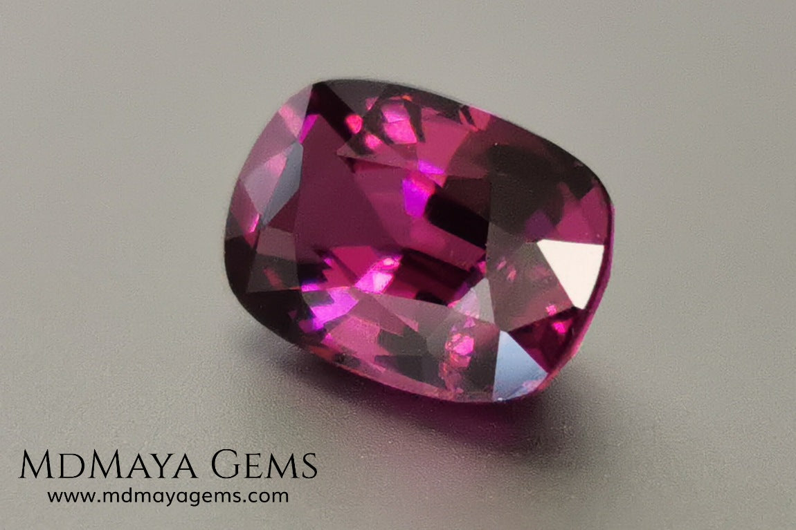 Reddish Purple Umbalite (Rhodolite Garnet), 2.03 ct, cushion cut. Elegant natural gemstone, that shows a vivid color, good cut and proportions, it will look very pretty in a ring, and at an affordable price.