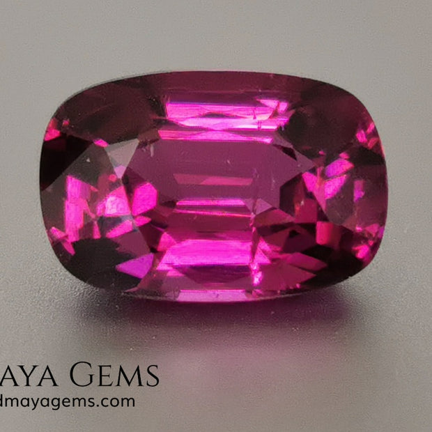 Reddish Purple Umbalite (Rhodolite Garnet), 2.03 ct, cushion cut. Elegant natural gemstone, that shows a vivid color, good cut and proportions, it will look very pretty in a ring, and at an affordable price.