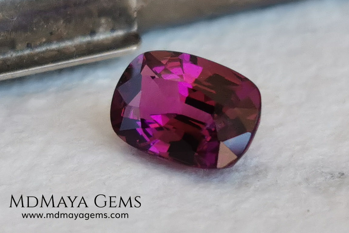 Reddish Purple Umbalite (Rhodolite Garnet), 2.03 ct, cushion cut. Elegant natural gemstone, that shows a vivid color, good cut and proportions, it will look very pretty in a ring, and at an affordable price.