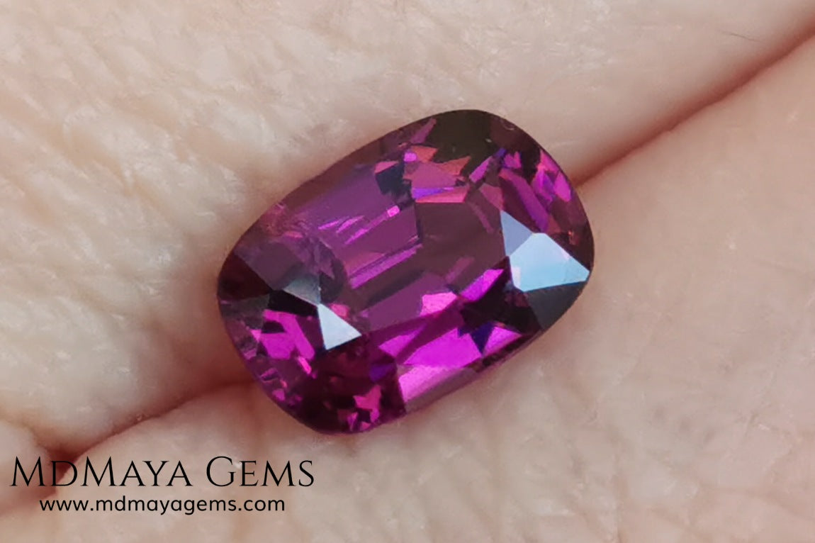 Reddish Purple Umbalite (Rhodolite Garnet), 2.03 ct, cushion cut. Elegant natural gemstone, that shows a vivid color, good cut and proportions, it will look very pretty in a ring, and at an affordable price.