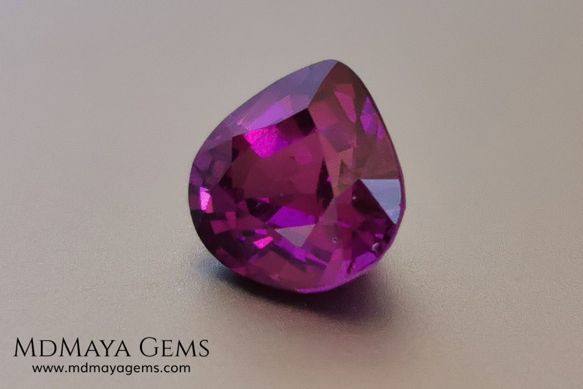 Vivid Purple Umbalite (Rhodolite Garnet), 2.36 ct, pear cut. This natural and untreated gemstone has the best of colors, its intense purple as well as its good quality of size and proportions, make it an ideal gem to mount in any type of jewelry and at a very affordable price.