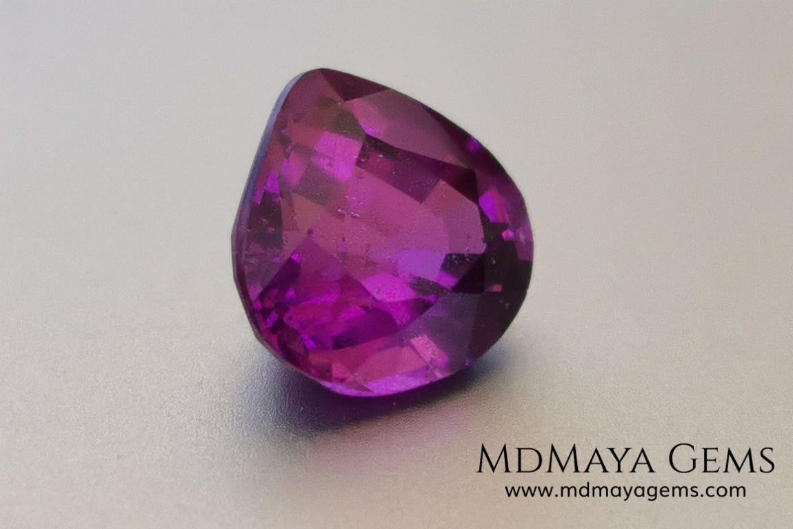Vivid Purple Umbalite (Rhodolite Garnet), 2.36 ct, pear cut. This natural and untreated gemstone has the best of colors, its intense purple as well as its good quality of size and proportions, make it an ideal gem to mount in any type of jewelry and at a very affordable price.
