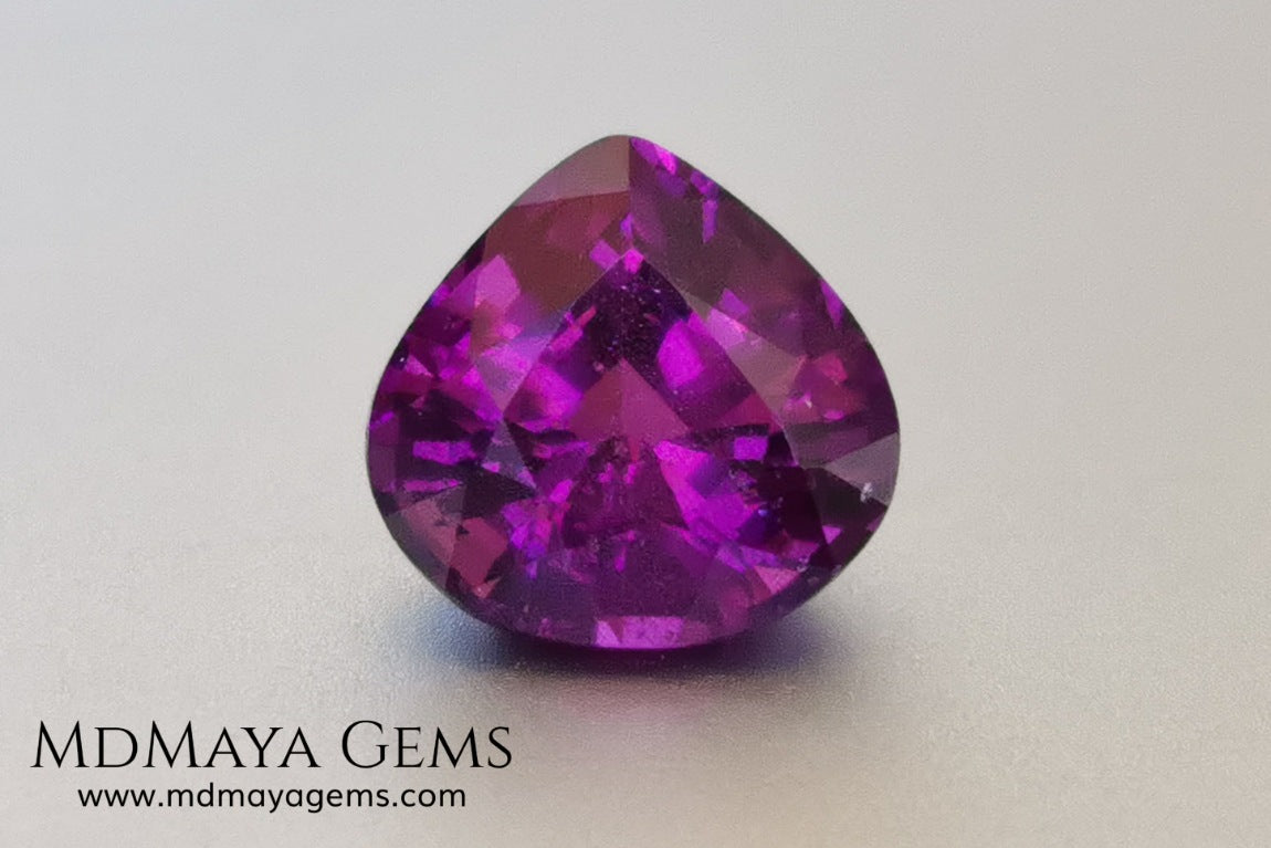 Vivid Purple Umbalite (Rhodolite Garnet), 2.36 ct, pear cut. This natural and untreated gemstone has the best of colors, its intense purple as well as its good quality of size and proportions, make it an ideal gem to mount in any type of jewelry and at a very affordable price.