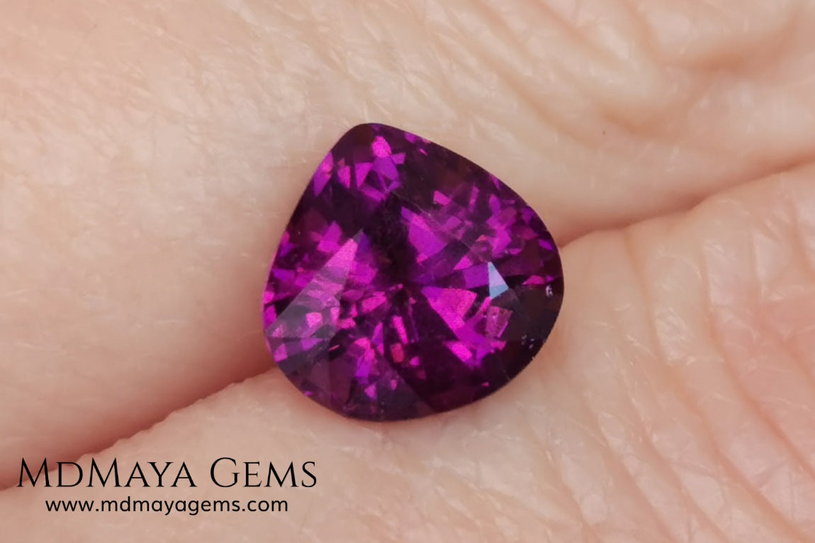 Vivid Purple Umbalite (Rhodolite Garnet), 2.36 ct, pear cut. This natural and untreated gemstone has the best of colors, its intense purple as well as its good quality of size and proportions, make it an ideal gem to mount in any type of jewelry and at a very affordable price.