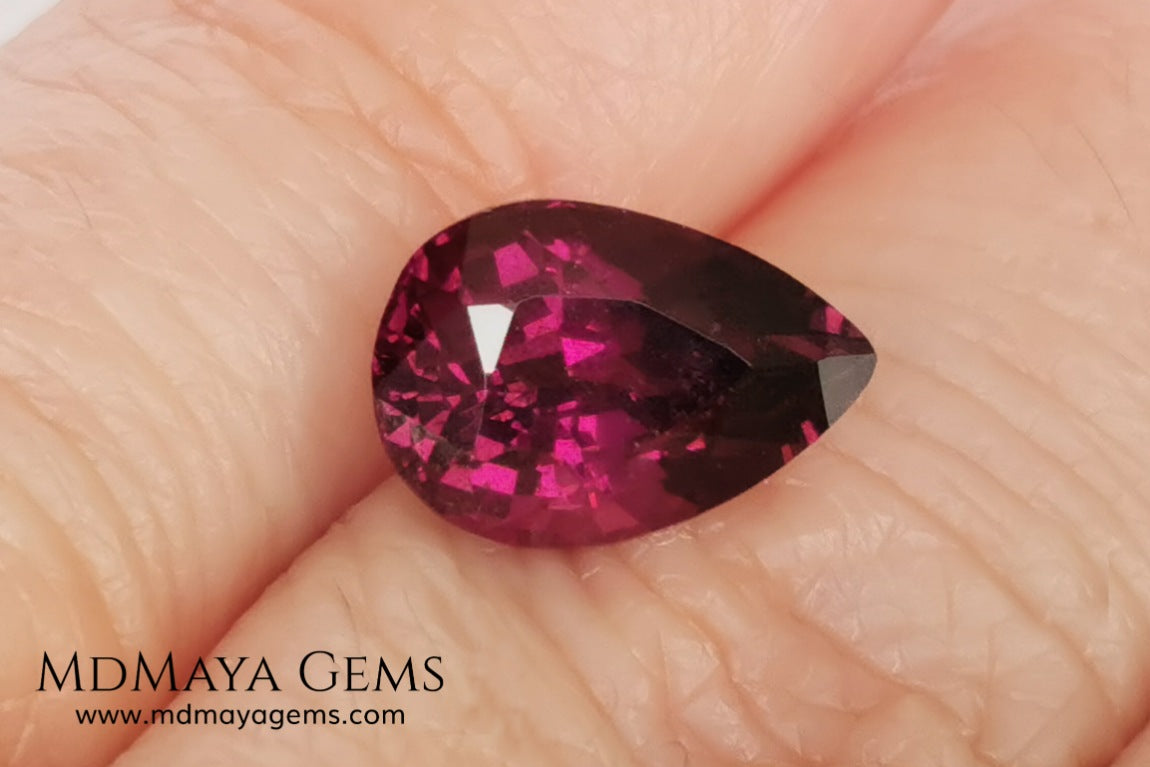 Vivid reddish purple Umbalite (Rhodolite Garnet) 3.15 ct, pear cut. Beautiful and untreated gemstone that shows a saturated color, it will look perfect in any piece of jewelry.