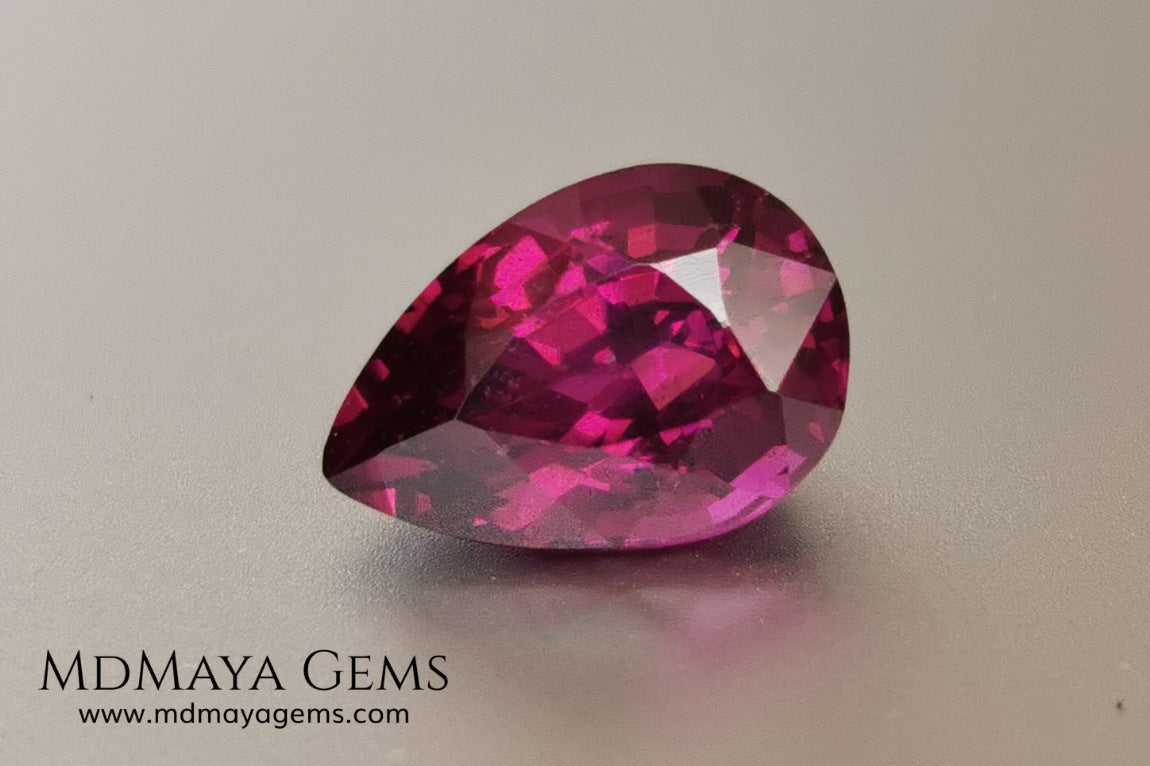 Vivid reddish purple Umbalite (Rhodolite Garnet) 3.15 ct, pear cut. Beautiful and untreated gemstone that shows a saturated color, it will look perfect in any piece of jewelry.