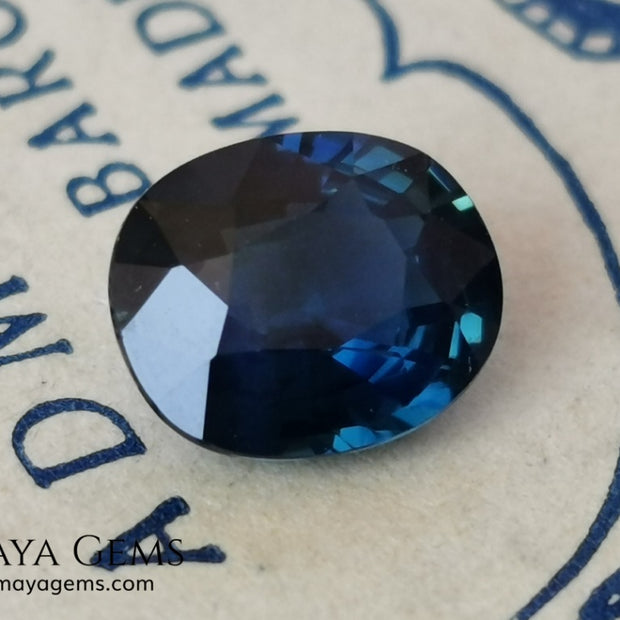 Untreated dark greenish blue sapphire 1.75 ct. Oval cut.  Amazing dark greenish blue sapphire with a good behavior under any type of light. It has a good size, and it will look perfect on your personalized jewelry, either in a ring or a pendant. It has some inclusions that although they are visible from some angles, they do not affect its beautiful at all. This amazing sapphire is ideal for those who look for precious stones without treatment of any kind.
