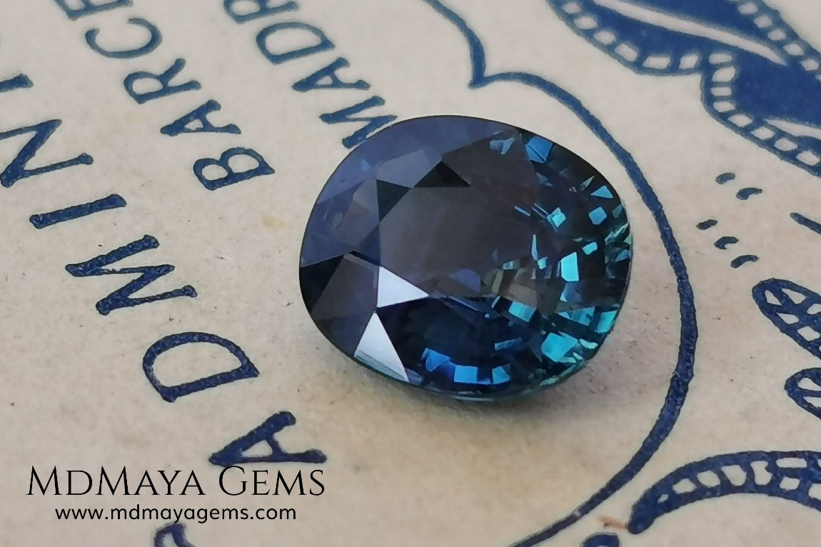 Untreated dark greenish blue sapphire 1.75 ct. Oval cut.  Amazing dark greenish blue sapphire with a good behavior under any type of light. It has a good size, and it will look perfect on your personalized jewelry, either in a ring or a pendant. It has some inclusions that although they are visible from some angles, they do not affect its beautiful at all. This amazing sapphire is ideal for those who look for precious stones without treatment of any kind.