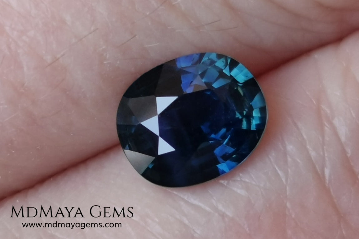 Untreated dark greenish blue sapphire 1.75 ct. Oval cut.  Amazing dark greenish blue sapphire with a good behavior under any type of light. It has a good size, and it will look perfect on your personalized jewelry, either in a ring or a pendant. It has some inclusions that although they are visible from some angles, they do not affect its beautiful at all. This amazing sapphire is ideal for those who look for precious stones without treatment of any kind.