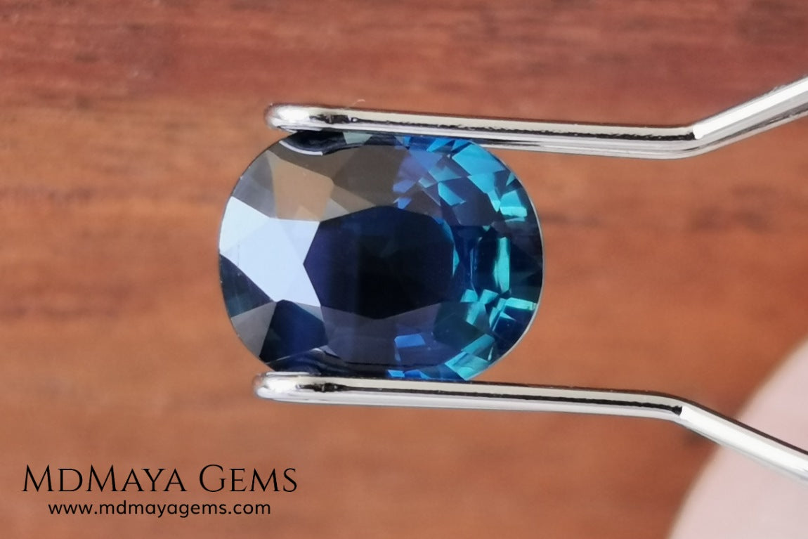 Untreated dark greenish blue sapphire 1.75 ct. Oval cut.  Amazing dark greenish blue sapphire with a good behavior under any type of light. It has a good size, and it will look perfect on your personalized jewelry, either in a ring or a pendant. It has some inclusions that although they are visible from some angles, they do not affect its beautiful at all. This amazing sapphire is ideal for those who look for precious stones without treatment of any kind.