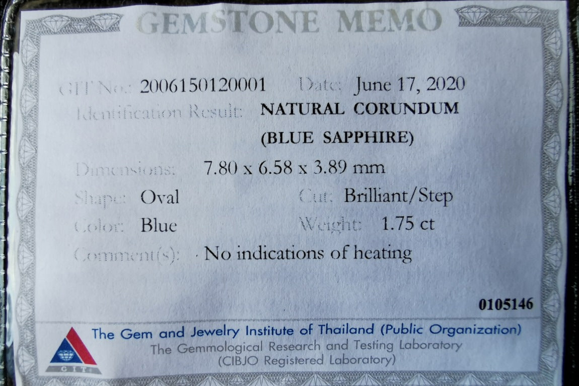 Untreated Dark Greenish Blue Sapphire 1.75 ct with certificate.