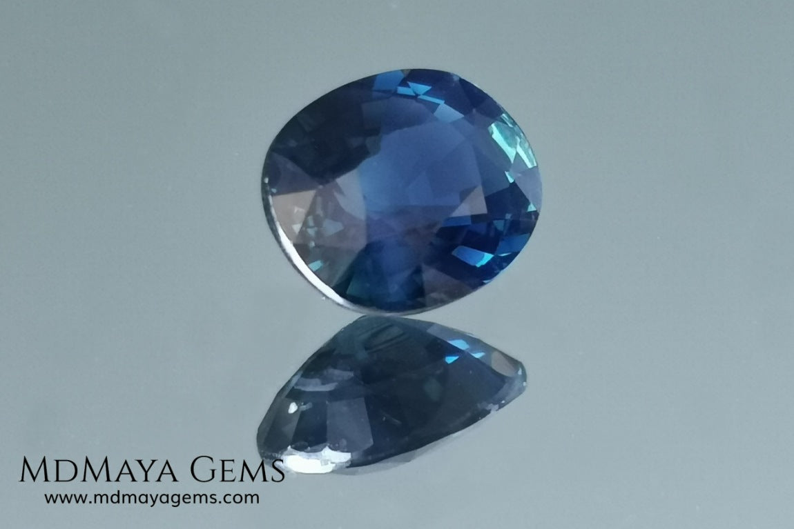 Untreated dark greenish blue sapphire 1.75 ct. Oval cut.  Amazing dark greenish blue sapphire with a good behavior under any type of light. It has a good size, and it will look perfect on your personalized jewelry, either in a ring or a pendant. It has some inclusions that although they are visible from some angles, they do not affect its beautiful at all. This amazing sapphire is ideal for those who look for precious stones without treatment of any kind.