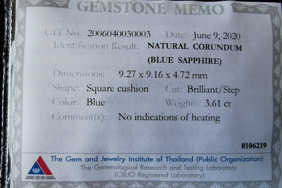 Untreated greenish blue Sapphire 3.61 ct. Cushion cut.  natural untreated blue sapphire has a large green component inside, under natural light you can see a dull and translucent blue sapphire, although under incandescent light everything changes, this sapphire shines from all sides and a bright green color is seen throughout the interior. It is a gem only for the very daring, with an extra: its price (certificate included).